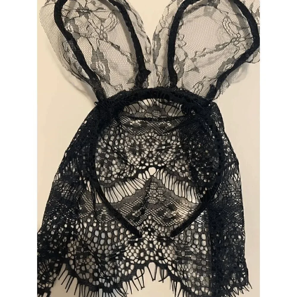 🖤 Sexy Playboy Bunny Costume Black Lace Rabbit Ears Hair Hoop Hairband Mask NEW